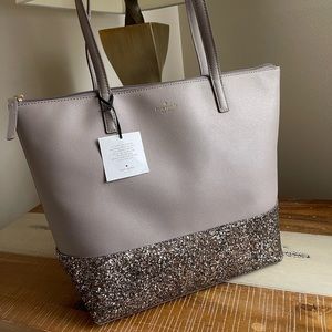 Brand New Kate Spade Greta Court Penny Glitter Large Top Zip - Grey